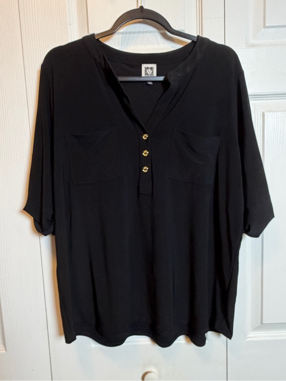 Anne Klein Black Split Neck Roll Tab Blouse XL Stretch Career Office Top